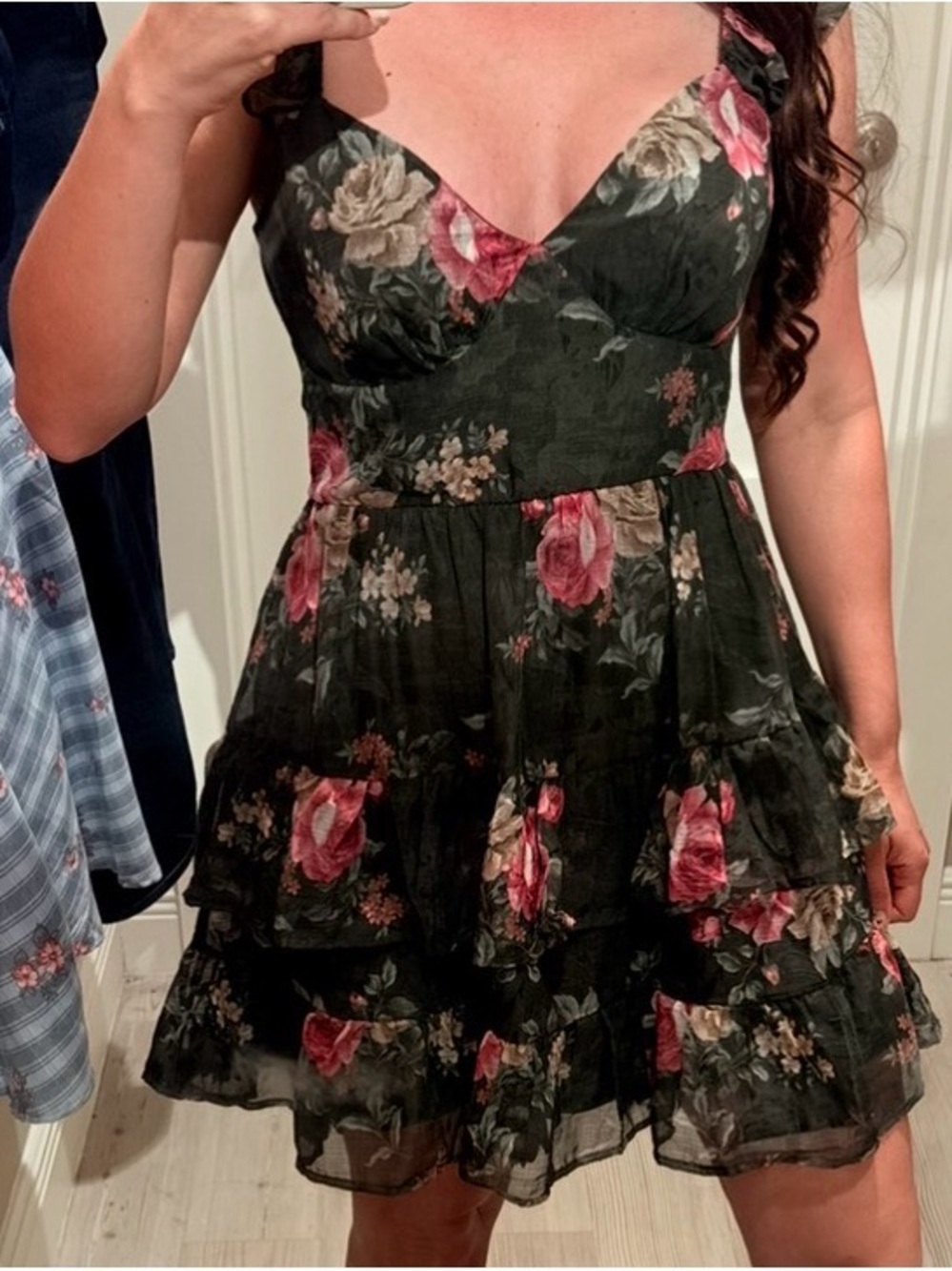 Francesca's Collections Black Floral V-Neck Tiered Mini Dress